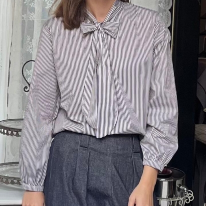 Ženska bluza sa mašnom-flowwear-pamučni puplin-braon bele pruge S-L